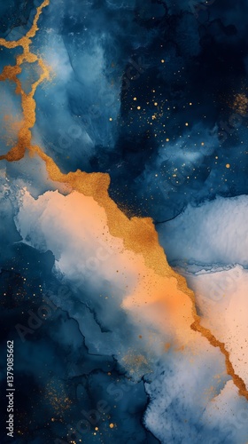 Beautiful Abstract Painting With Blue, White, and Gold Colors Showcasing Vibr...