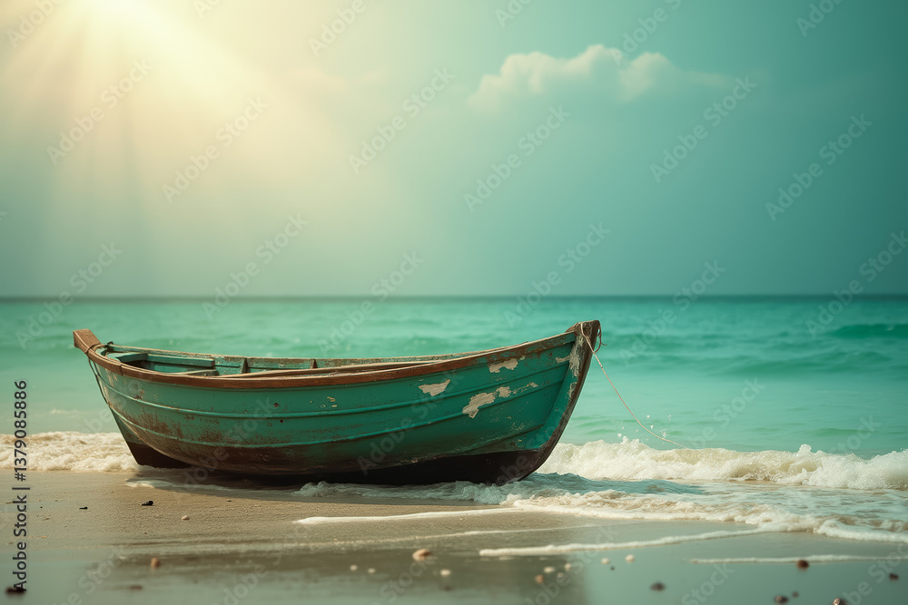 Fototapeta premium weathered teal boat on sandy beach at sunrise