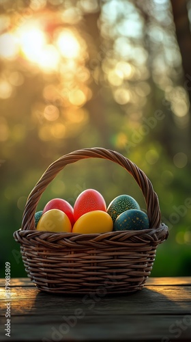 Colorful Easter Eggs in a Basket Surrounded by Spring Flowers at Sunset
