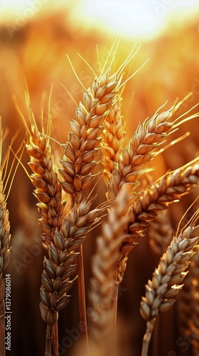 Golden Wheat Stalks Illuminated by Sunset Glow in a Serene Agricultural Field