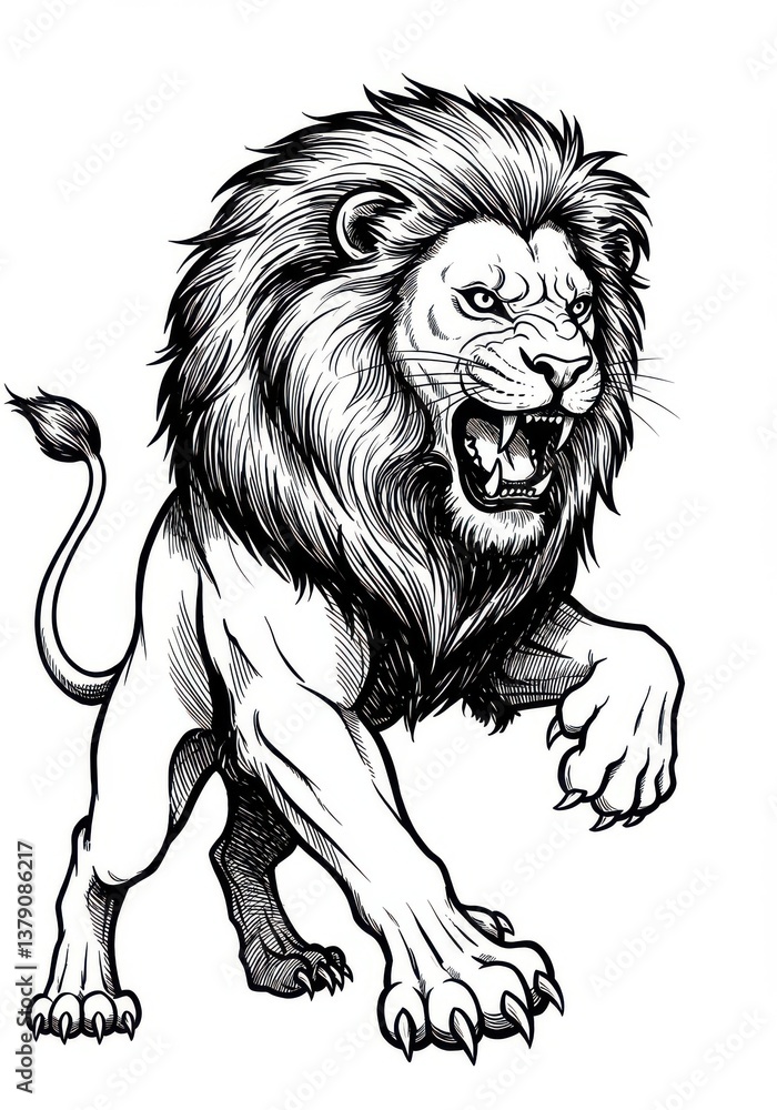 Obraz premium Illustration of a roaring lion with a thick mane and sharp claws in black and white style