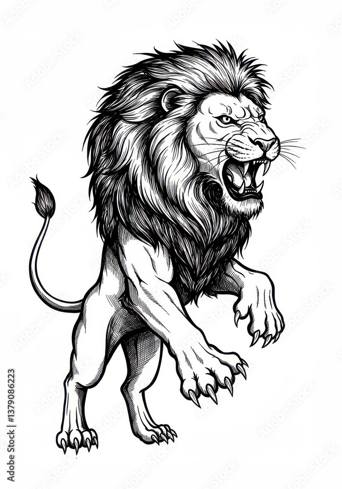 Obraz premium A detailed black and white drawing of a roaring lion standing on its hind legs with claws out
