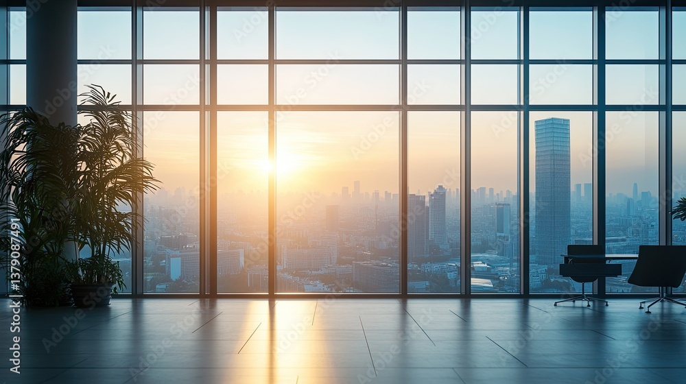 Fototapeta premium Silhouette of tall glass windows in an ultra-modern office framed by subtle overlapping light beams