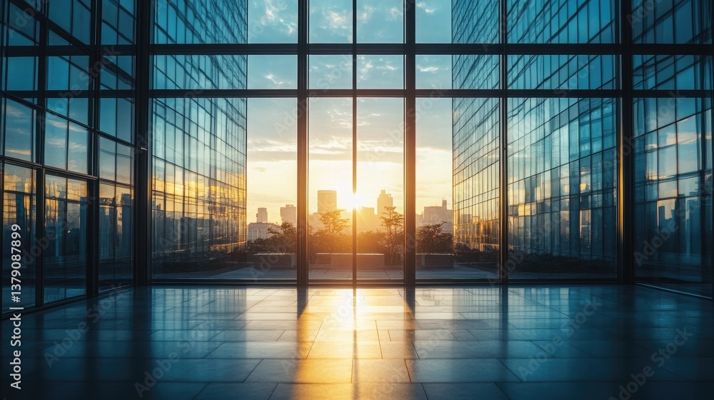 Fototapeta premium Silhouette of tall glass windows in an ultra-modern office framed by subtle overlapping light beams