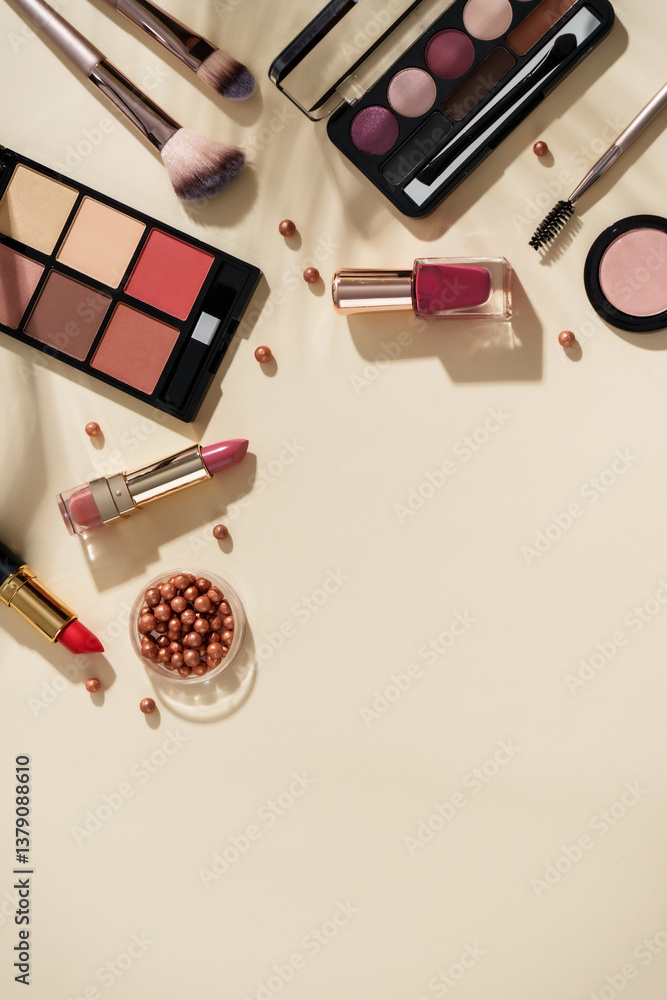 Make up products at colored background with hard shadows.
