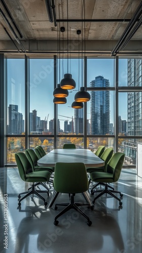 Modern Office Interior Featuring Green Chairs With City Skyline View During D...