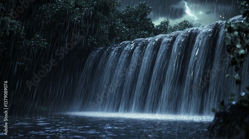 Lush waterfall with lightning background on a rainy night in the forest