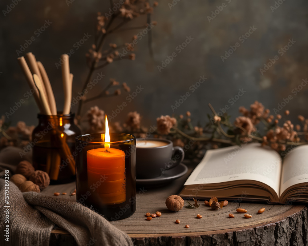 lit candle coffee and an open book on a wooden table with autumnal decorations lit candle coffee and an open book on a wooden table with autumnal decorations