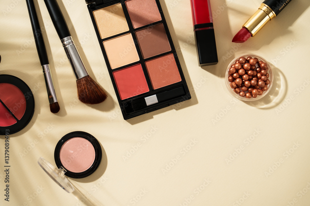 Make up products at colored background with hard shadows.