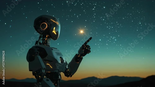 Futuristic robot reaching for a star in night sky at twilight
