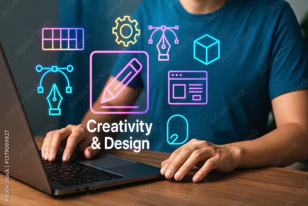 Designer using laptop with creativity and design neon icons overlay