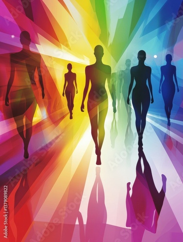 Colorful abstract runway with fashion models showcasing stylish silhouettes under spotlight effects