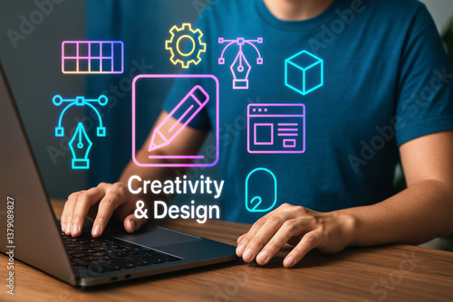 Obraz na płótnie Designer using laptop with creativity and design neon icons overlay w salonie