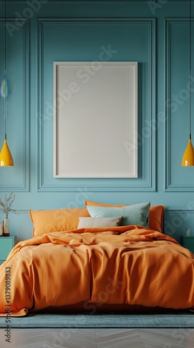 Bright and Cozy Bedroom Design With Orange Bedding and Teal Accent Wall Showc...