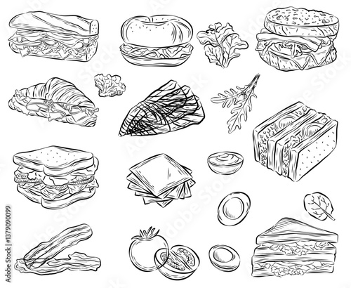 Drawn Deli Delights: A sketch-style illustration showcasing various delicious sandwich elements, inviting food enthusiasts to imagine the perfect culinary creation.