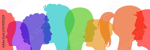 Seamless vector diversity set of different people side view head silhouettes in rainbow colors.