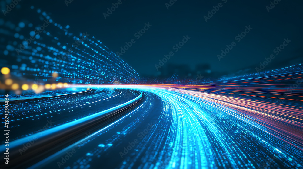Abstract road with blue light trails, data transfer speed and digitization concept Abstract road with blue light trails, data transfer speed and digitization concept