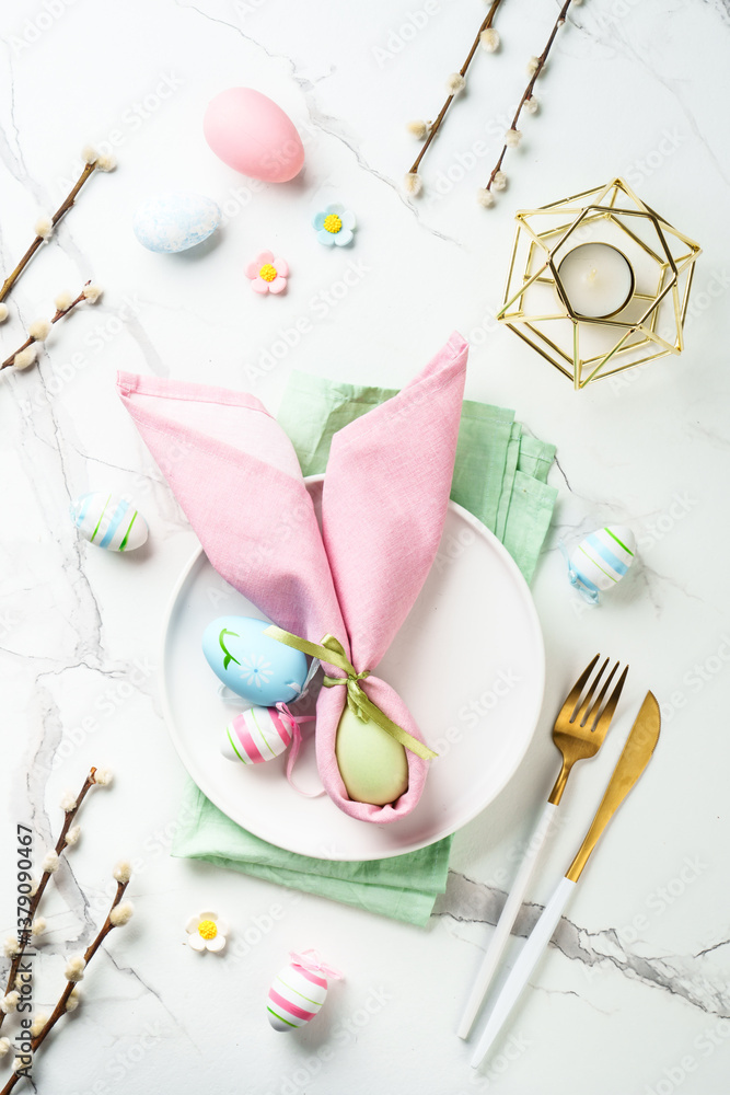 Easter food or table setting on white background.