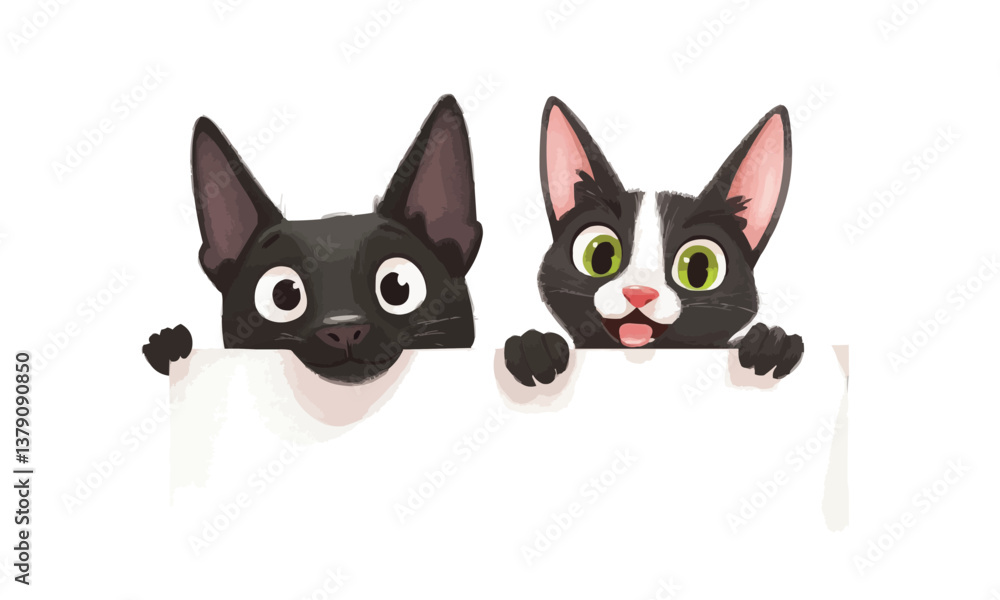 Smiling Dog and cat peeking over a blank white board on white background Smiling Dog and cat peeking over a blank white board on white background