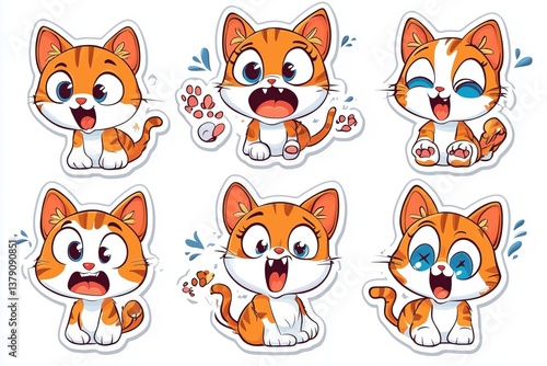 Cute cartoon cats with big eyes in various colors. 