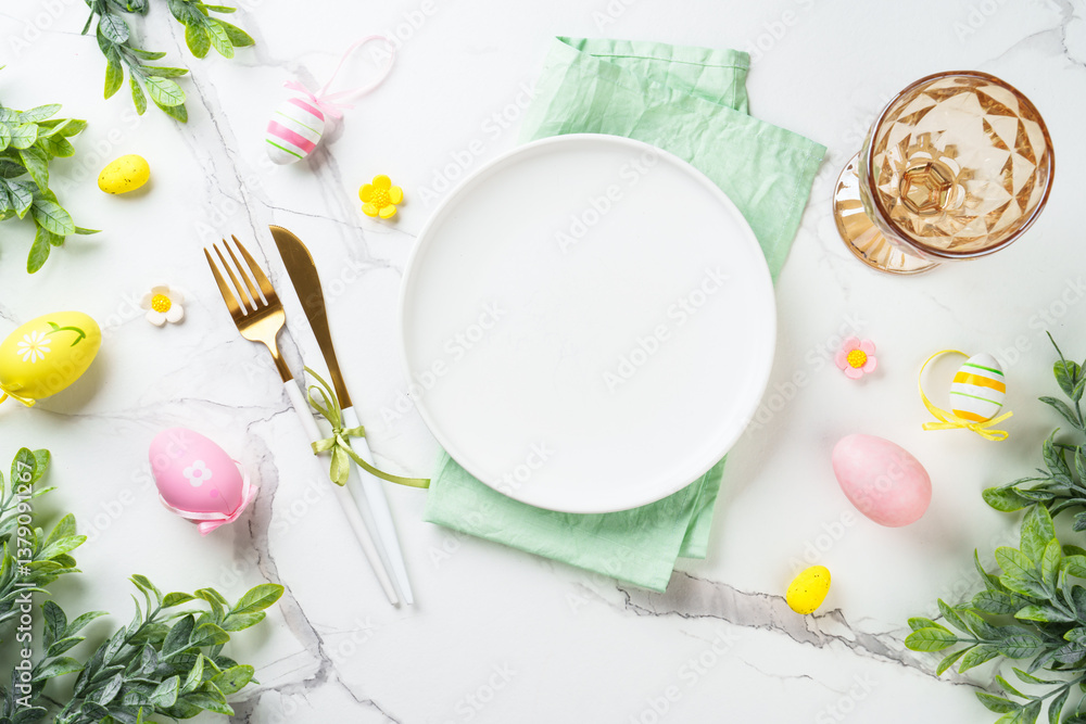 Easter table setting on white background.