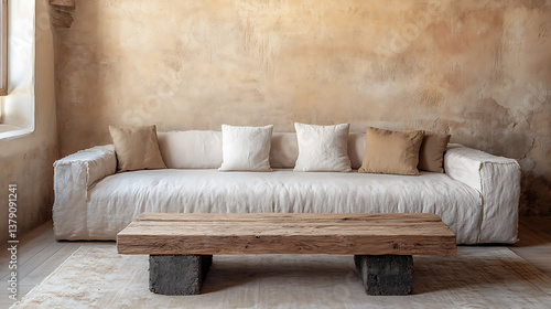 Rustic barn wood coffee table against beige sofa and stucco wall with copy space, wabi-sabi home interior design of modern living room