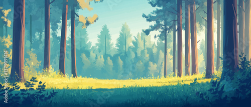 tall straight trees in a sunny forest in the summer. Creative banner. Copyspace image