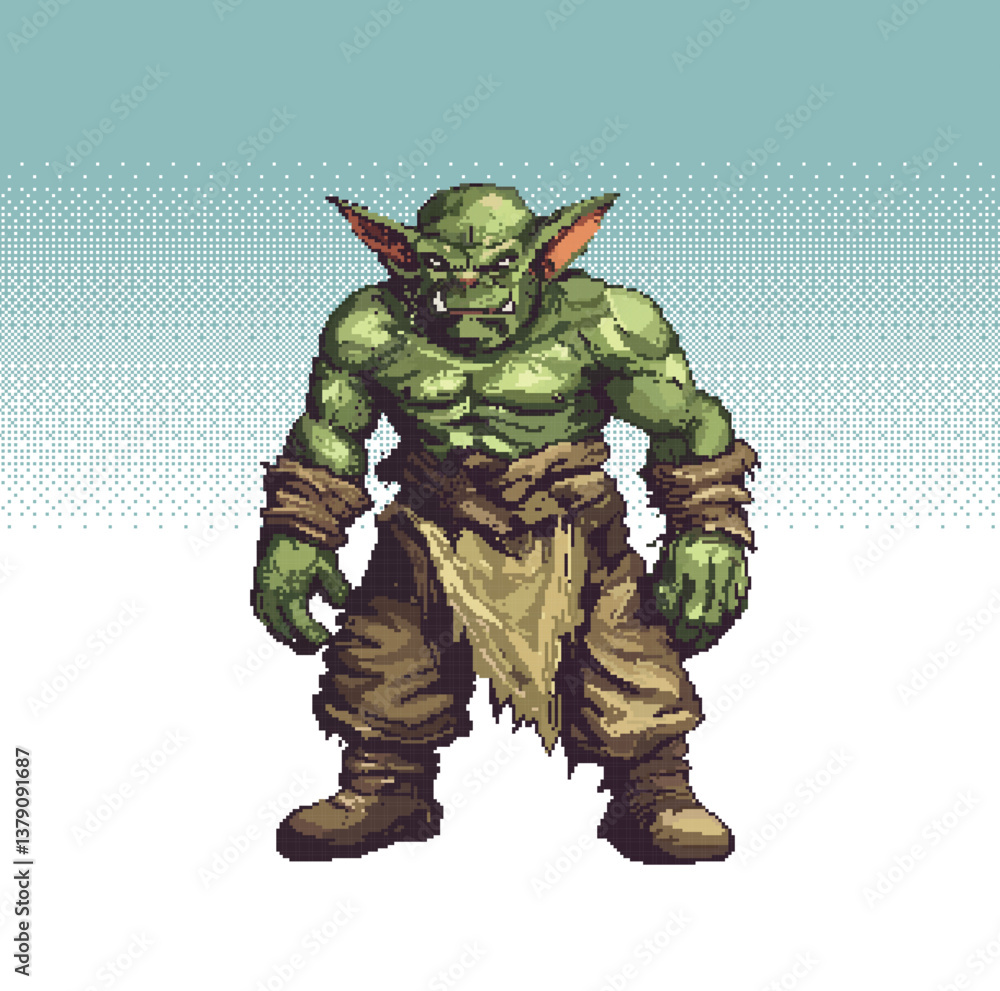 Pixel art character Goblin. Pixel art of a green goblin character illustration, ideal for game assets or retro style designs also bring a nostalgic 8-bit feel touch Pixel art character Goblin. Pixel art of a green goblin character illustration, ideal for game assets or retro style designs also bring a nostalgic 8-bit feel touch