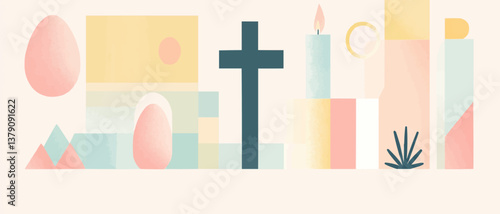 This abstract design features geometric representations of Easter symbols including a cross, eggs, and a candle. The clean lines and pastel color blocks create a modern, minimalistic aesthetic perfect