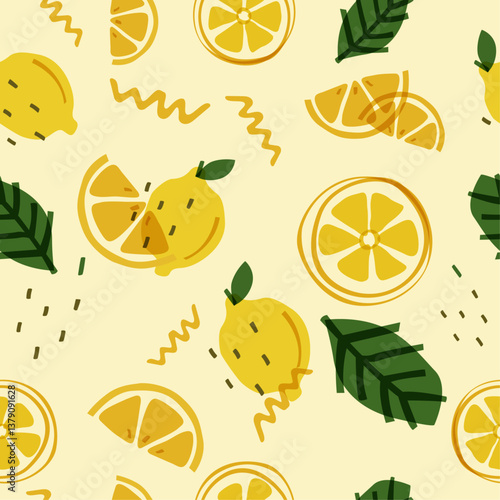 A vibrant pattern featuring lemons, lemon slices, and green leaves on a light yellow background. The lemons are depicted in a cartoon style with a slightly textured surface.
