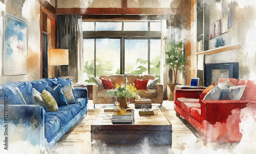 Tech-Savvy Living: Smart Home Watercolor Illustration of Cozy Modern Living Room with Digital Devices
