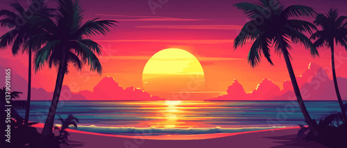 Tropical beach adorned by palm tree silhouettes during a magical sunset