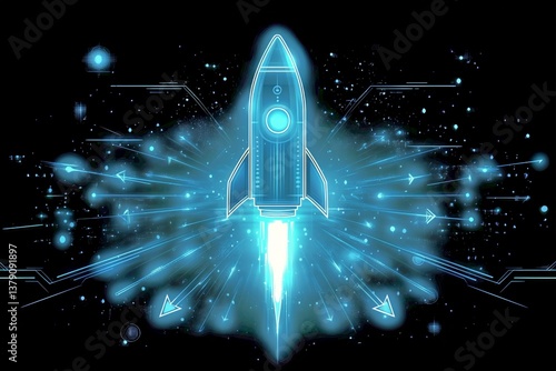Digital Rocket Launch in a Futuristic Space Environment With Vibrant Blue and...