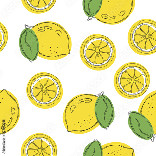 This image features a seamless pattern of lemons and lemon slices on a white background. The lemons are depicted in a simple, line-art style with a yellow fill.