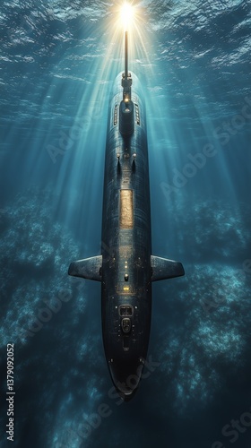 Underwater Submarine Exploring the Deep Ocean Depths at Night