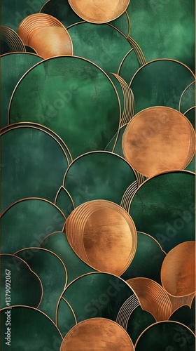 Colorful Abstract Geometric Design With Gold and Teal Circles on a Textured B...
