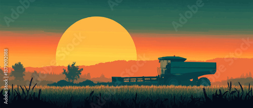 Using a combine harvester to gather wheat in a field during a summer sunset and transferring it to a tractor. silhouette concept