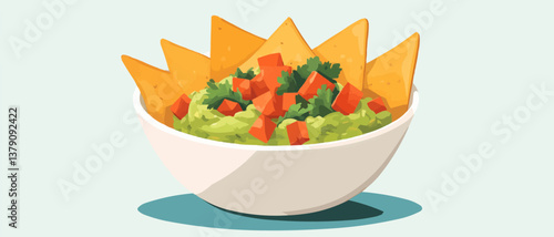 A bowl of guacamole with tortilla chips, topped with diced tomatoes and cilantro, set in a cozy kitchen setting.