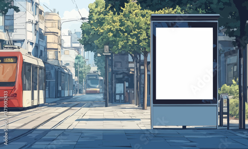 A blank template for an advertising billboard on the city street; an empty mock-up of an outdoor poster at a paved tram stop; a vertical white mockup of an urban banner at the bus stop.