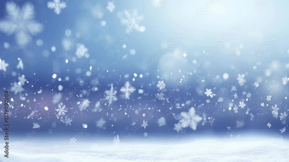 Falling snowflakes on blurred blue winter background with bokeh effect. Background for holiday greeting cards and winter sale announcements Falling snowflakes on blurred blue winter background with bokeh effect. Background for holiday greeting cards and winter sale announcements