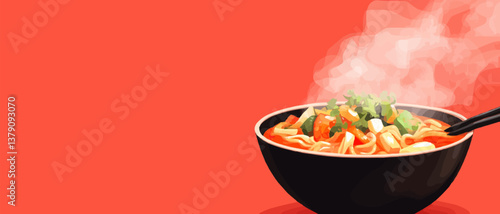 Steaming bowl of flavorful ramen with vegetables and herbs.