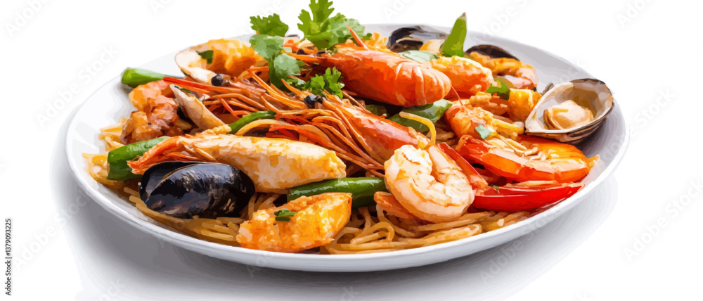 Stir-fried Spicy Spaghetti Seafood Thai Style (Spaghetti Pad Kee Mao) on White Dish, Isolated on White Background with Shadow, Front Side view. Selective Focus at the front Stir-fried Spicy Spaghetti Seafood Thai Style (Spaghetti Pad Kee Mao) on White Dish, Isolated on White Background with Shadow, Front Side view. Selective Focus at the front