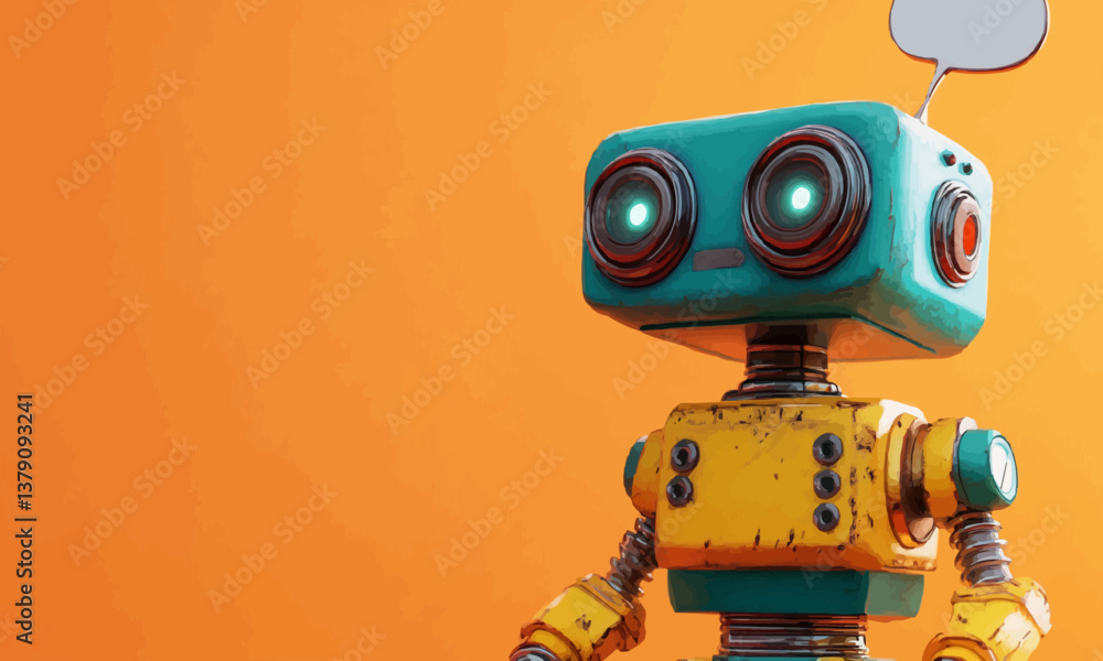 Retro-style cartoon robot with expressive mechanical eyes and a speech bubble, vibrant color palette enhancing the playful and futuristic aesthetic Retro-style cartoon robot with expressive mechanical eyes and a speech bubble, vibrant color palette enhancing the playful and futuristic aesthetic