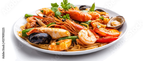 Stir-fried Spicy Spaghetti Seafood Thai Style (Spaghetti Pad Kee Mao) on White Dish, Isolated on White Background with Shadow, Front Side view. Selective Focus at the front