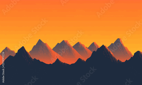 Silhouetted mountains under a glowing orange sunset sky, soft gradients of warm tones, tranquil and scenic atmosphere, natural and calming setting