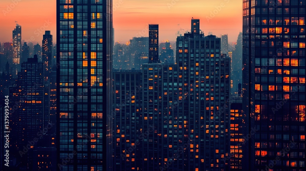 Silhouettes of bold vertical skyscrapers with faint glowing lights emanating from rows of windows Silhouettes of bold vertical skyscrapers with faint glowing lights emanating from rows of windows