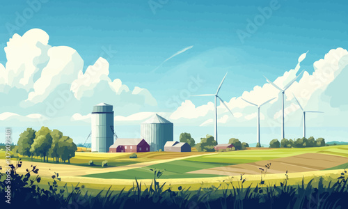 The landscape of the countryside in spring with wind turbines, green fields, an agricultural silo, and a settlement in the background.