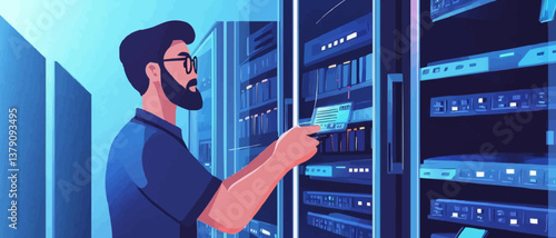 Technician inspecting server racks in a data center.