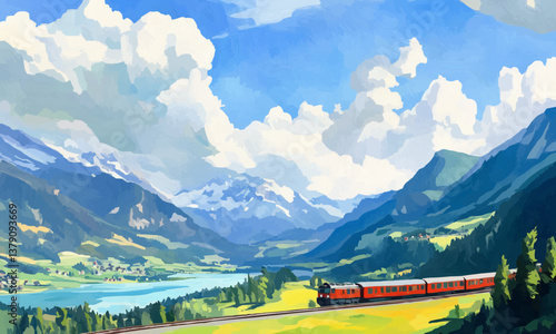 Train riding on tracks through the mountains. Swiss locomotive in the Alps. Train cars landscape