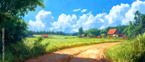Rural road to village farm and agriculture field